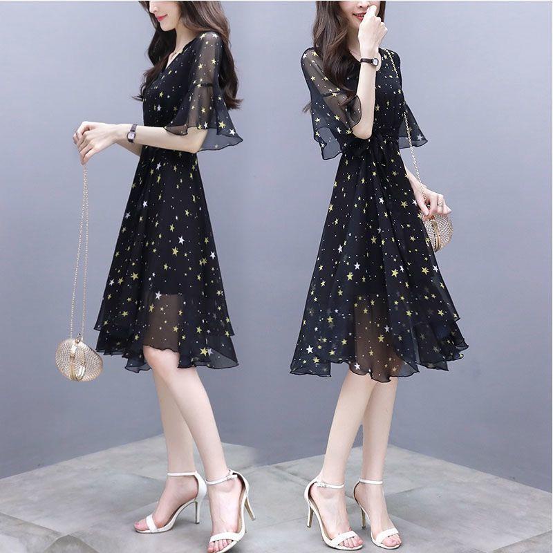 Đầm tay lửng in họa tiết ngôi sao kiểu dáng thanh lịch cho nữ