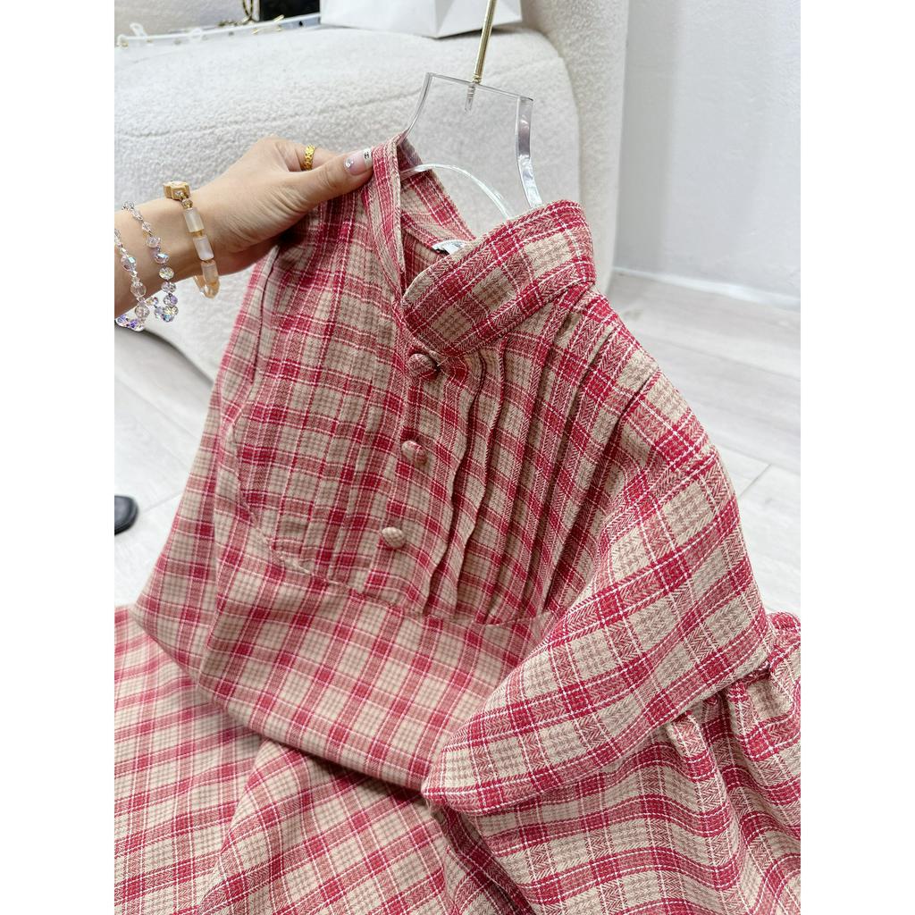 Váy đầm nữ tay bồng kẻ caro hồng freesize maxi dáng sơ mi phom rộng babydoll hàn quốc đi chơi Cheapy C1413