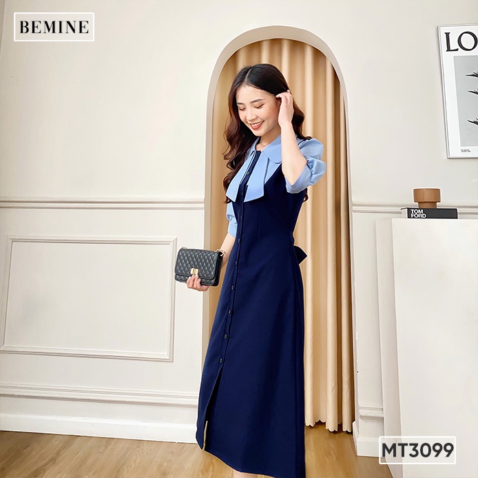 Đầm phối tay cổ sơ mi nơ BEMINE MT3099XANH ĐEN | BigBuy360 - bigbuy360.vn