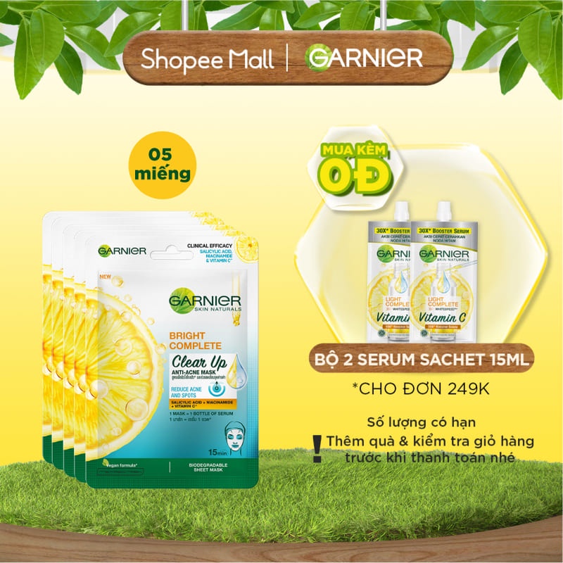 Bộ 5 mặt nạ Vitamin C & Salycilic Acid giảm mụn Garnier Bright Complete Anti Acne Mask