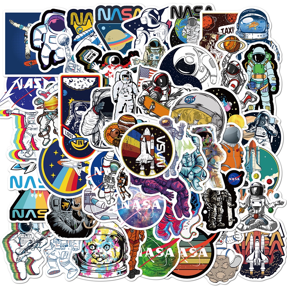 Set 100/50 Sticker Hoạt Hình Phi Hành Gia Không Gian Chống Thấm Nước Trang Trí Đa Dụng