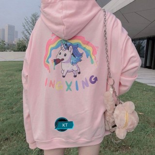 Áo khoác nỉ khoá mũ ngựa sừng cầu vồng INGXING