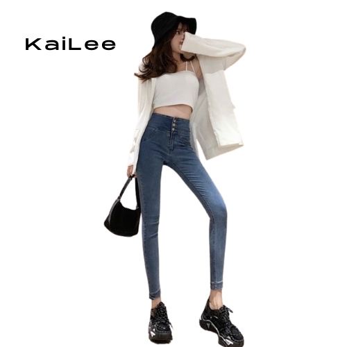 Quần jean nữ lưng cao skinny Quần bò dáng ôm tôn dáng 2 cúc cá tính năng động Kailee
