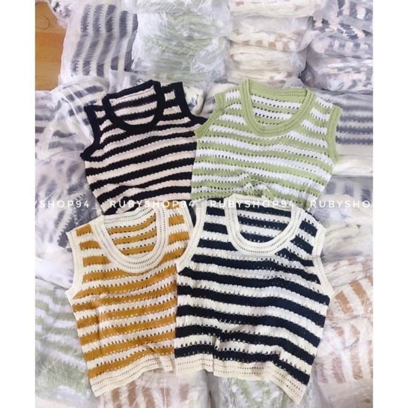 Áo len ba lỗ nữ họa tiết kẻ ngang phong cách Hàn Quốc form rộng