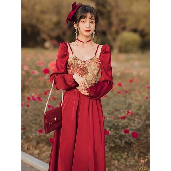 Váy vintage tiểu thư lụa đỏ phối vải bố