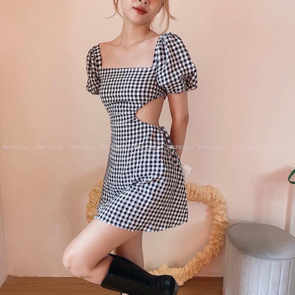 Váy form A tay phồng cổ vuông khoét eo CARO TRẮNG ĐEN
