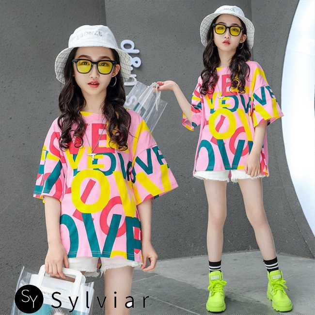 Áo thun tay ngắn cổ tròn dáng rộng in chữ thời trang cho bé gái 4-10 tuổi