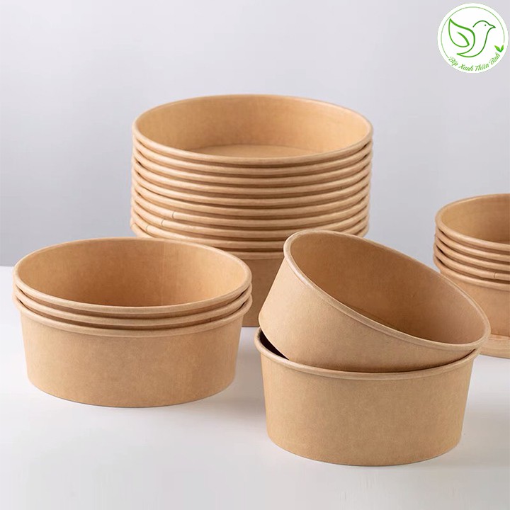 10 Tô giấy dùng một lần Kraft đựng thức ăn, salad, bông lan trứng muối chịu nhiệt kèm nắp PP cao cấp