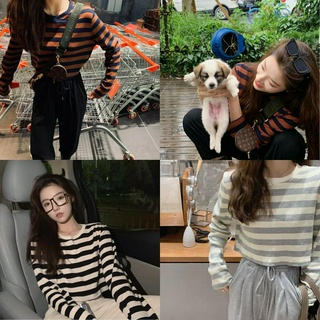Áo thun dài tay sọc ngang rốn nữ croptop 1625