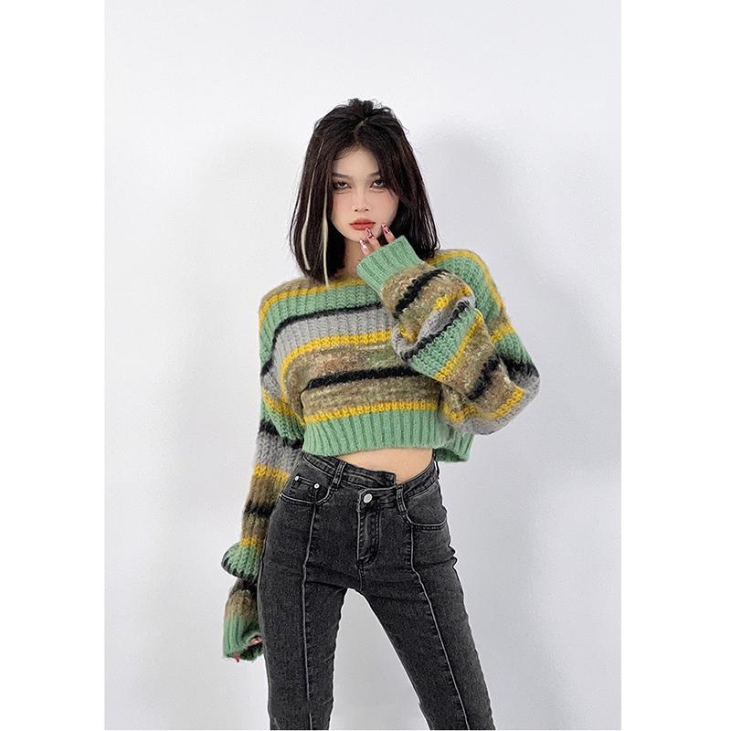 Áo Sweater Dệt Kim Cổ Tròn Kẻ Sọc Màu Sắc Tương Phản Thời Trang Xuân Thu Cá Tính