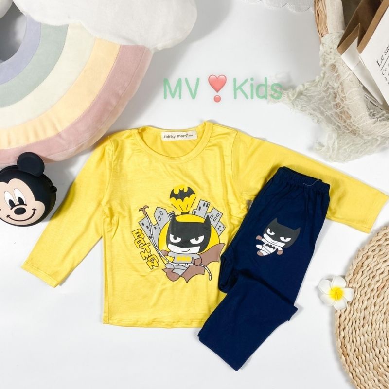 Bộ Dài Tay Thun Lạnh MINKY MOM Cho Bé Gái Bé Trai 0 1 2 3 4 5 6 Tuổi Hình Siêu Nhân Nhện, Người Dơi, Đô Rê Mon, Bò Sữa