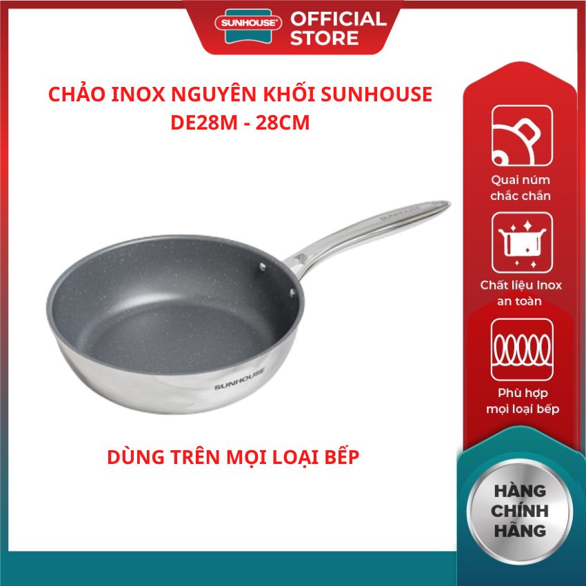 Chảo inox nguyên khối đáy từ SUNHOUSE DE20M DE22M DE24M DE26M DE28M kết cấu Inox 2 lớp nguyên khối 3 lớp vân đá