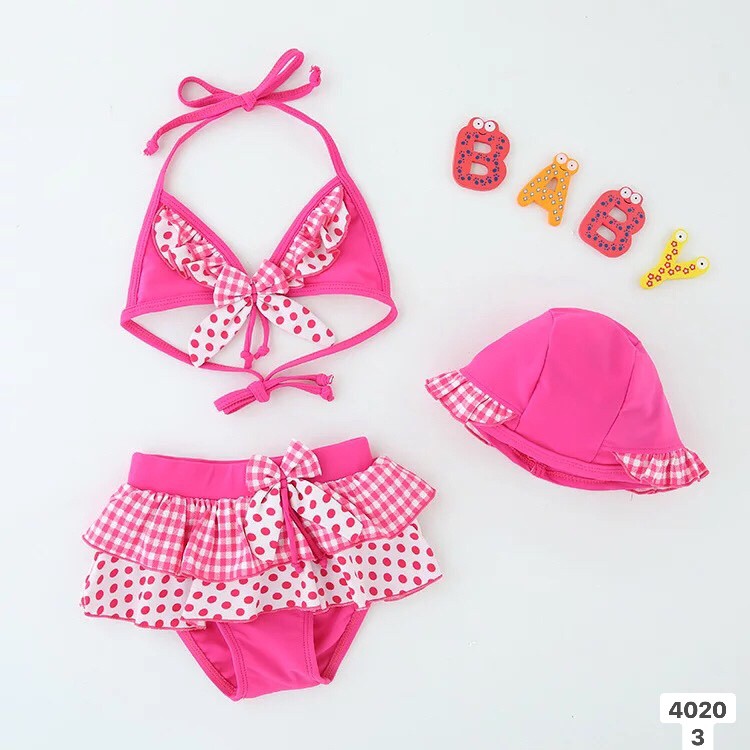 Bikini đồ bơi đẹp dành cho trẻ em mặc đi biển đi bơi đáng yêu kèm mũ- Màu hồng