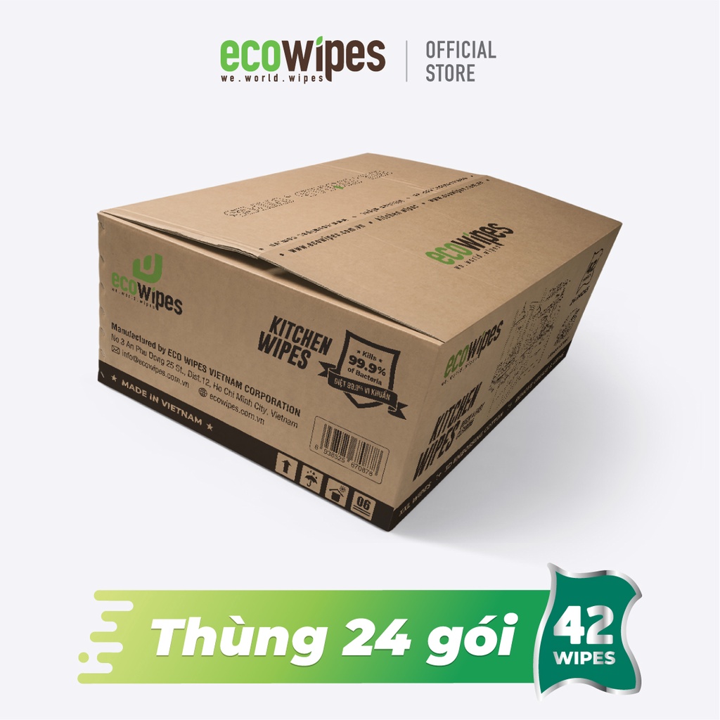 Thùng KHĂN ƯỚT LAU BẾP EcoWipes 24 gói (42 tờ/gói) - Loại bỏ dầu mỡ và vết bẩn