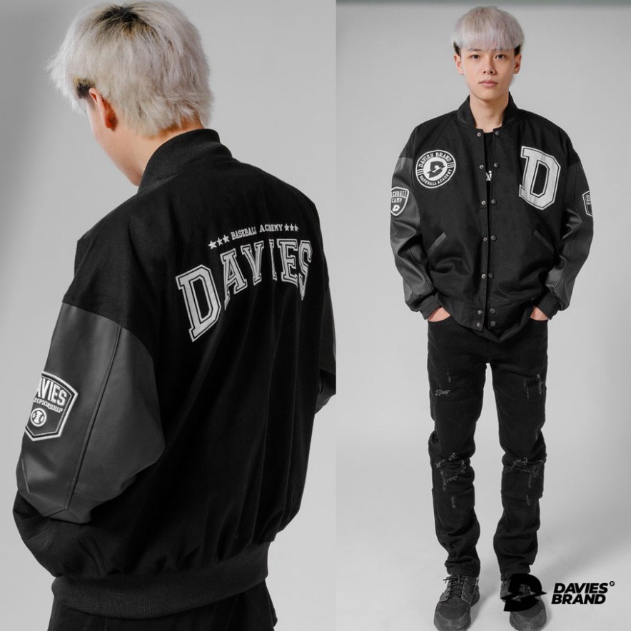 Áo khoác bomber bóng chày thêu chữ Davies brand - Leather Varsity Jacket Baseball Academy Bomber