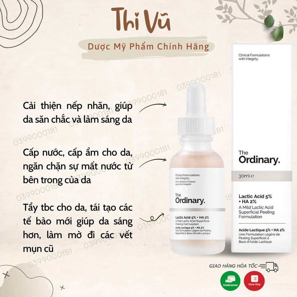 The Ordinary Lactic Acid 5% ,10% + HA, Serum giảm thâm sáng da - Thi Vũ