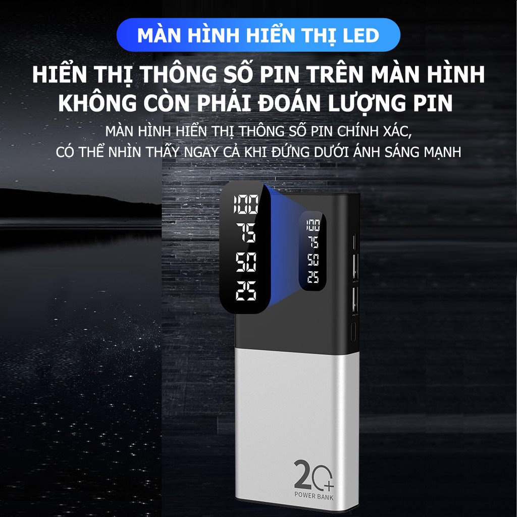 Pin sạc dự phòng GROWNTECH 20000mah, sạc nhanh màn hình LCD 2 cổng USB