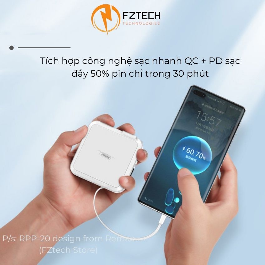 Pin sạc dự phòng đa năng 1500mAh Remax RPP-20 FZTECH Sạc dự phòng kèm củ sạc nhanh 2 dây sạc Lightning và type C 18w