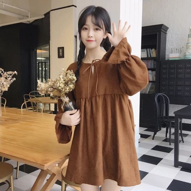 Đầm babydoll tay dài uzzlang phong cách Hàn Quốc