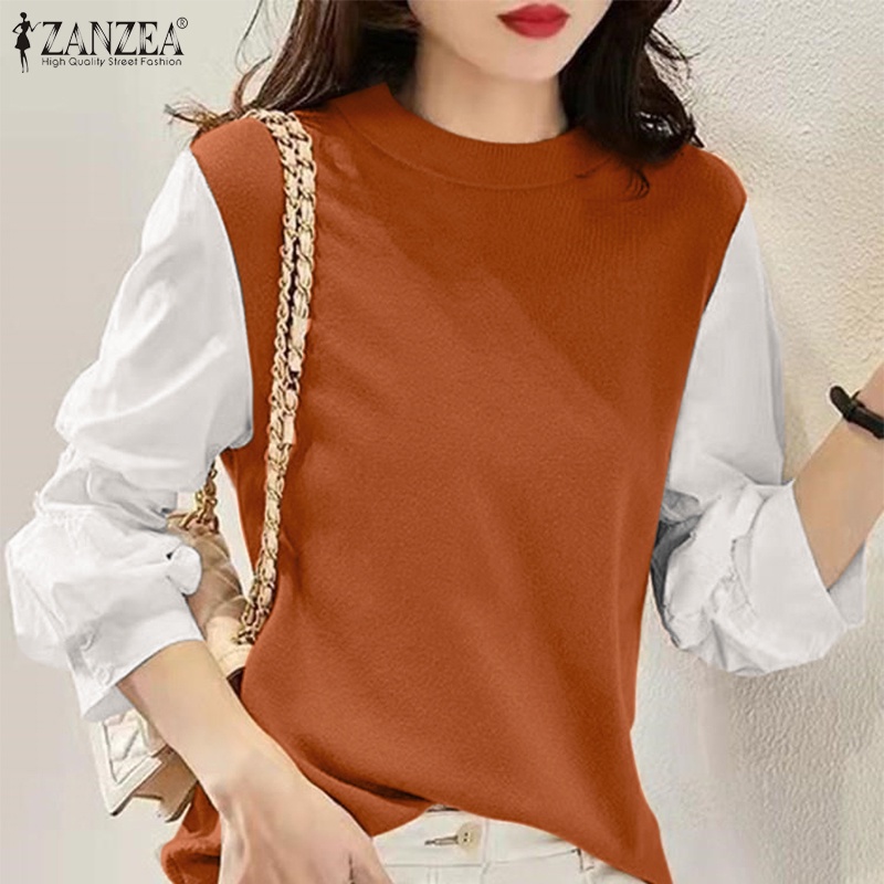 Áo sơ mi Zanzea tay dài cổ tròn màu tương phản thời trang tùy chọn màu sắc cho nữ