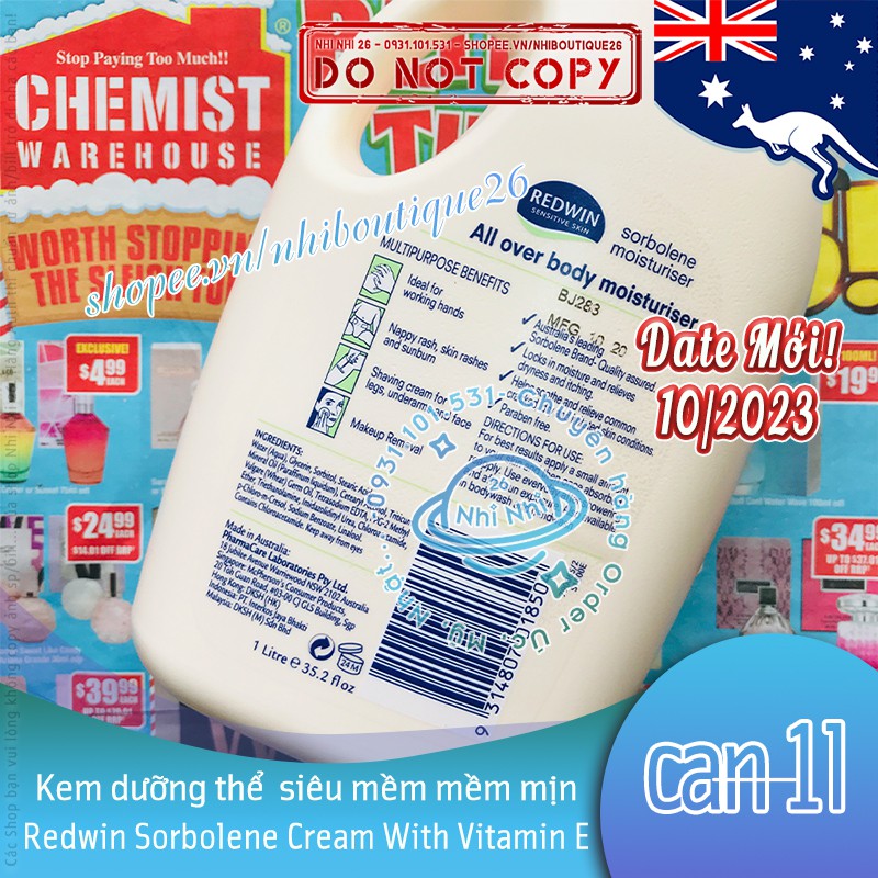 ❄️CÓ BILL CW❄️ Kem dưỡng thể mềm mịn Redwin Sorbolene Cream With Vitamin E ❄️ 100g và 1l ❄️ Chuẩn Chemist Warehouse ❄️