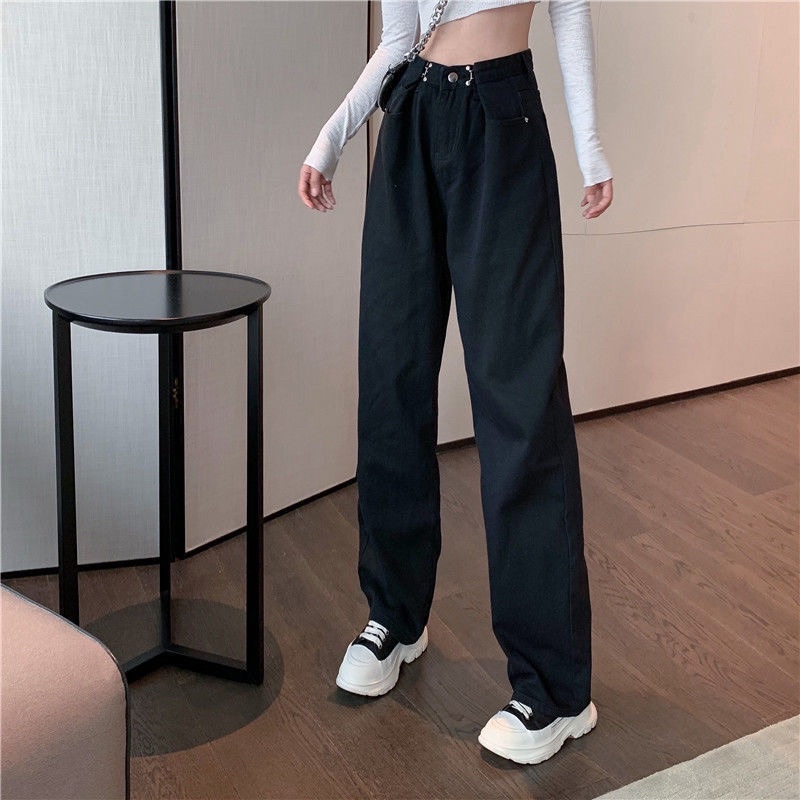 Quần jean nữ ống suông màu đen trắng xanh hồng cạp cao gài khuy điều chỉnh eo phom rộng phong cách Ulzzang tặng túi thơm | BigBuy360 - bigbuy360.vn