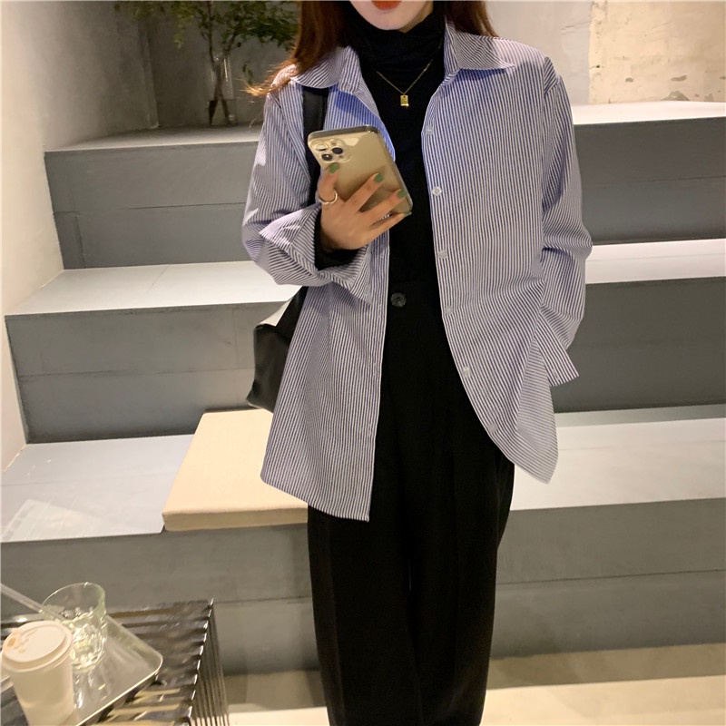 Áo Sơ Mi Tay Dài Họa Tiết Kẻ Sọc Phong Cách Retro Hàn Quốc