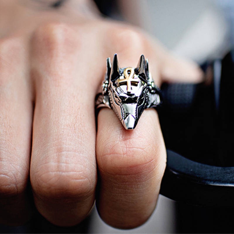 Nhẫn Thép Titan Họa Tiết Đầu Sói Ai Cập death Anubis Hu wolf Cá Tính Cho Nam Sinh