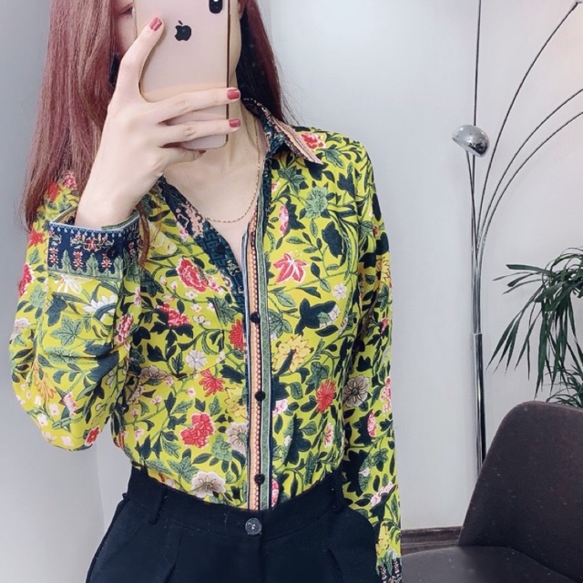 Áo sơ mi thổ cẩm hoa phối viền ĐỘC,LẠ