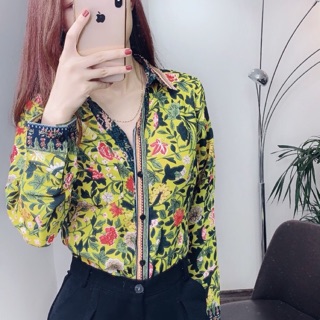 Áo sơ mi thổ cẩm hoa phối viền ĐỘC,LẠ