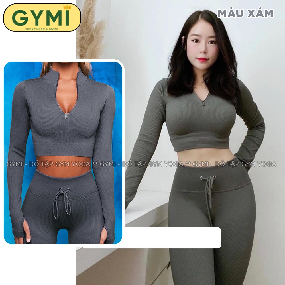 Set bộ đô tập gym yoga nữ GYMI SET29 dáng Botee thể thao gồm áo croptop dài tay và quần legging chất thun gân