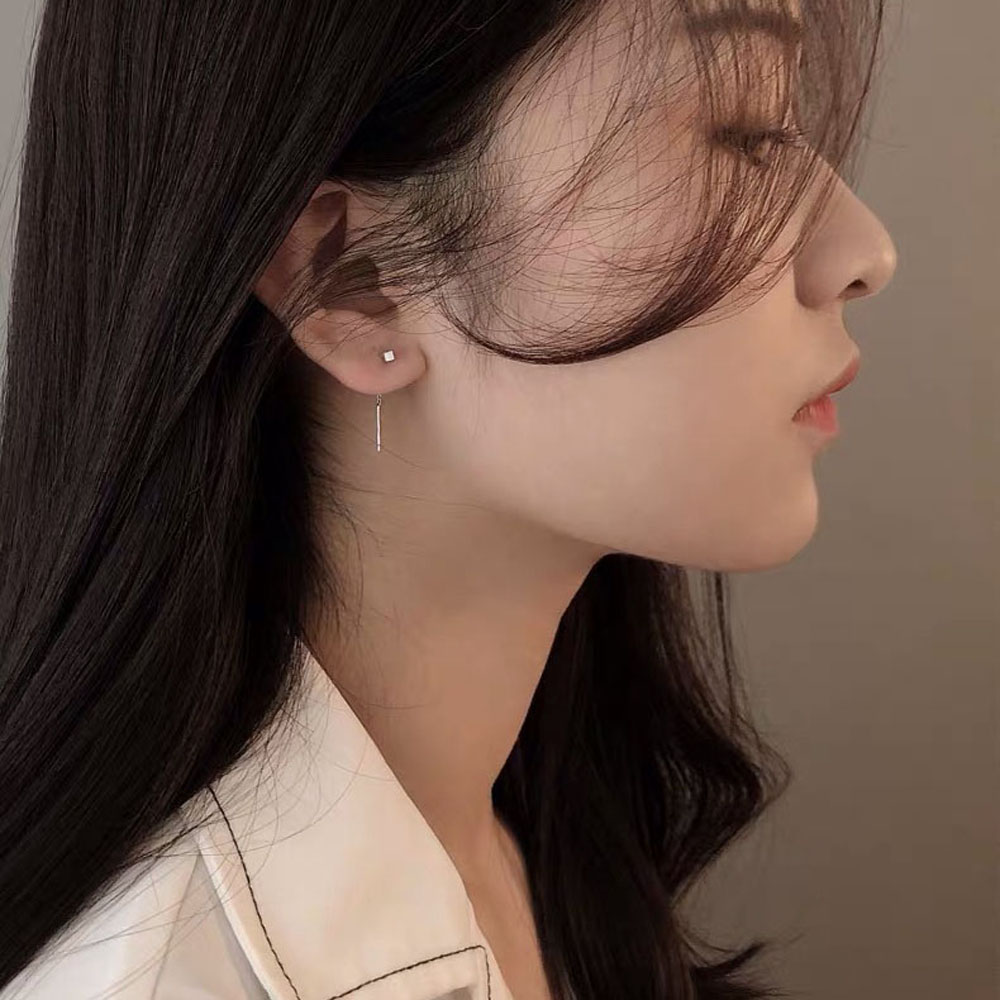 JENIFERDZ Women Dangle Earrings Minimalism Kpop Jewelry Drop Earrings Gift Long Tassel Geometric Block Black|Color Bar Party 925|Needle Ear Line/Multicolor