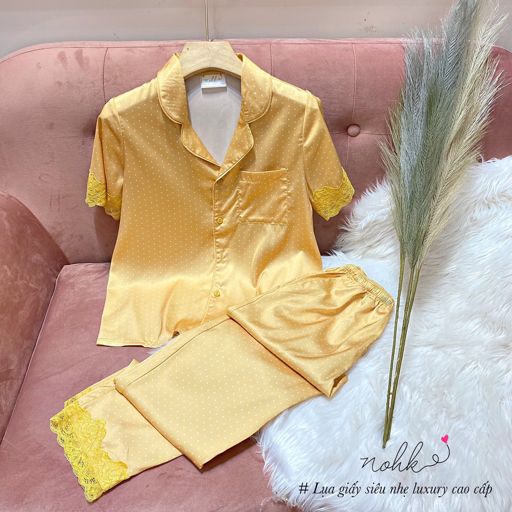 Bộ Pijama lụa NOHK cao cấp mặc nhà cộc tay quần dài chấm bi phối ren