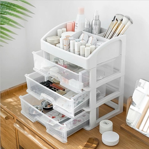 [Hàng Đẹp Có Sticker] Kệ Mỹ Phẩm Để Bàn, Kệ Để Đồ Trang Điểm, Trang Sức 4 Tầng 3 Ngăn Kéo Siêu Đẹp