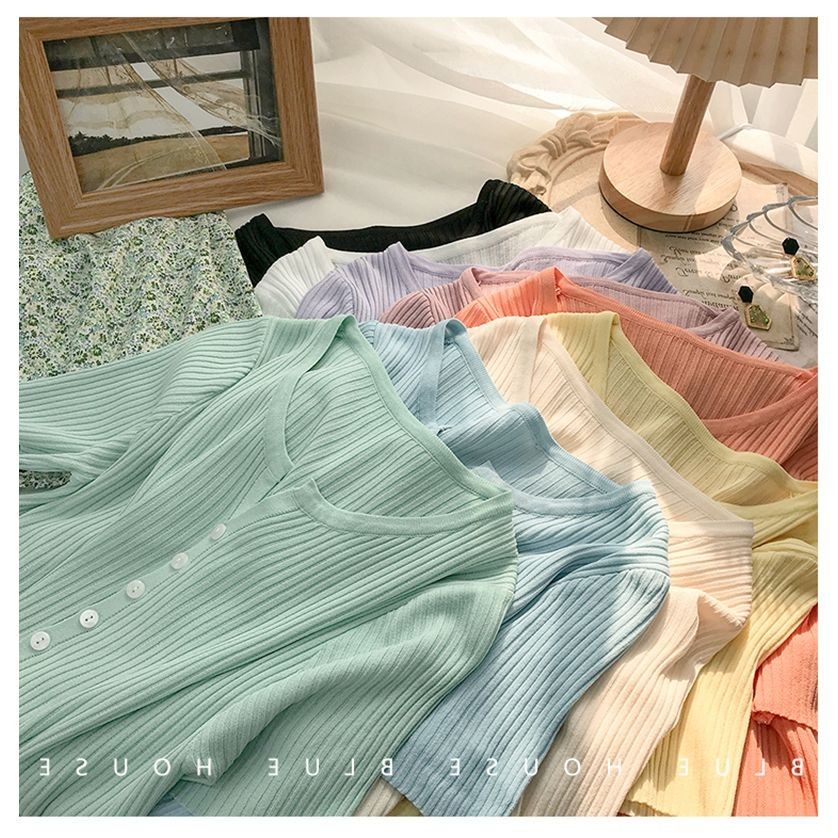 Áo Cardigan Nữ Cổ Chữ v Ngắn Tay Màu Xanh Lá Phong Cách Mới