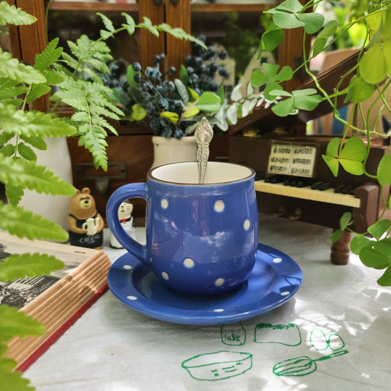 Set trà chấm bi xanh vintage