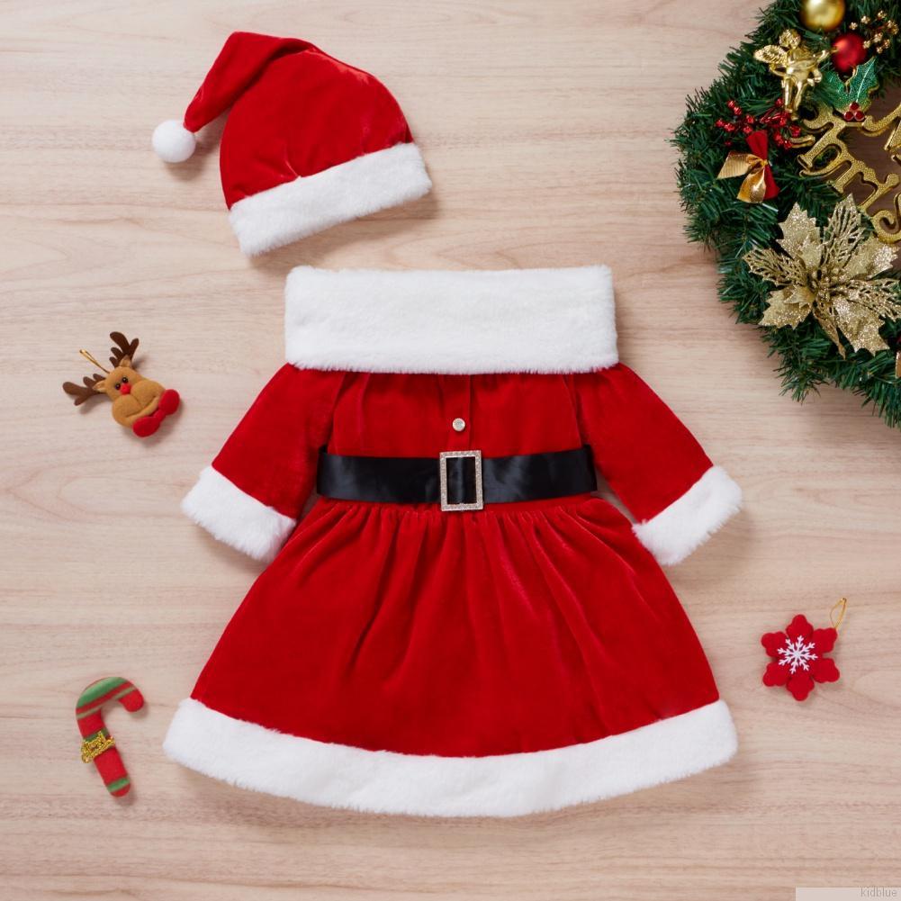 Đầm tay dài hóa trang ông già Noel kèm khăn choàng và mũ dành cho bé gái