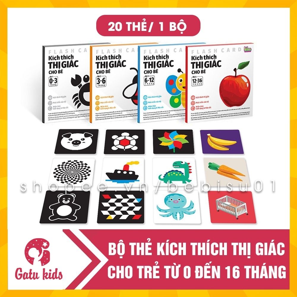 Bộ 20 thẻ kích thích thị giác, kích thích não phải cho bé từ 0 tới 36 tháng | Khổ 21x21cm | In 2 mặt chống thấm nước
