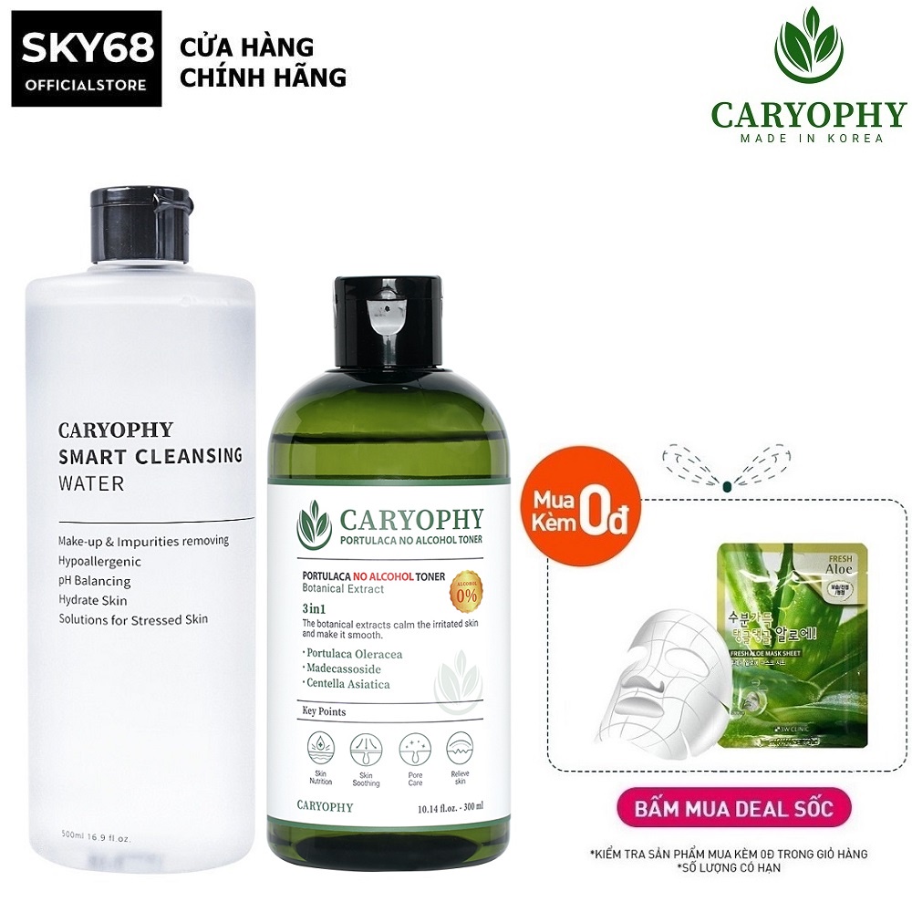 Combo 2 sản phẩm làm sạch mọi bụi bẩn, giảm mụn và tẩy da chết dịu nhẹ Caryophy (Tẩy trang 500ml + Toner 300ml)