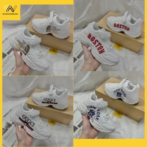 Giày Thể Thao Em Bé Trai Gái Nữ Màu Trắng Duy Nhật Store Size Lớn Uzzang Dây Dán Dễ Thương Sneaker Bata Chữ NY Gấu Đỏ