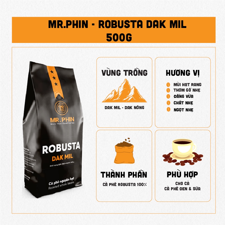 Cà phê Robusta Dak Mil 500g - Cà Phê Nguyên Chất Mr. Phin Coffee