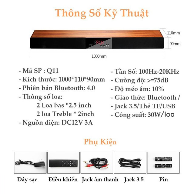 [RẺ NHẤT SHOPEE] Loa Thanh Dài 100Cm Bluetooth 5.0 Soundbar Q11 Vỏ Gỗ, Công Suất 120W, Mang Đến Âm Thanh Sống Động