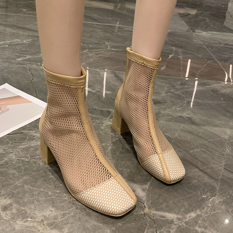 Mesh Hollow liang xue2021New Summer High Heel Chunky Heel Mesh Elevator Wild Ankle Boots