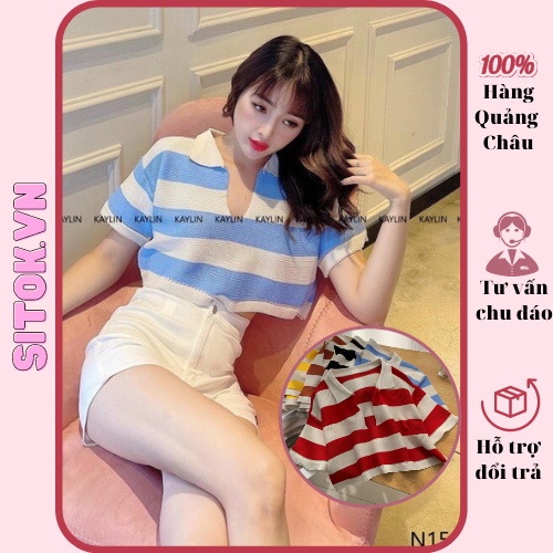 Áo croptop kẻ sọc form rộng nữ chất len mongtogi cổ bẻ hàng Quảng Châu 100% nhiều màu lựa chọn [ảnh shop chụp ở cuối]
