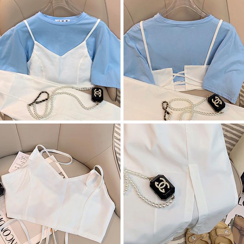 Set Áo Thun Tay Phồng Cổ Chữ V + Chân Váy Xẻ Tà Lưng Cao Thời Trang Cho Nữ