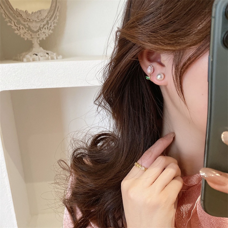 Bông Tai Hình Hoa Lá Đính Ngọc Trai Nhân Tạo Phong Cách Hàn Quốc