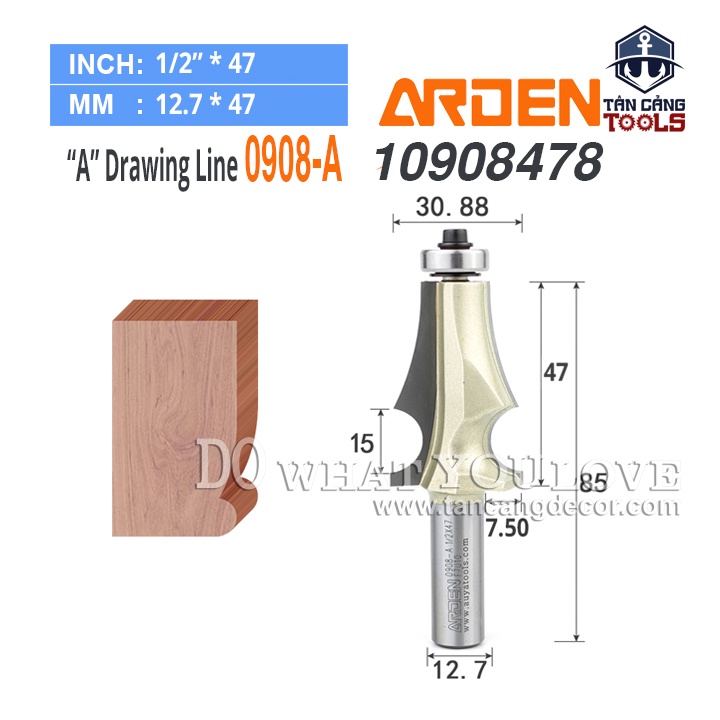 Mũi Router Đánh Chỉ Chữ A Arden 47 x 30.88 mm Cốt 12.7 mm