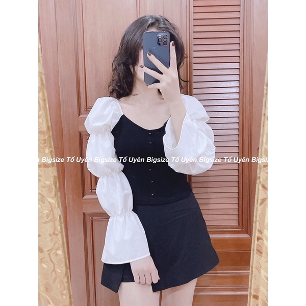 (T.U Bigsize 50-80kg) Áo Kiểu Phối Tay Bồng Cổ Trễ Khuy Ngọc