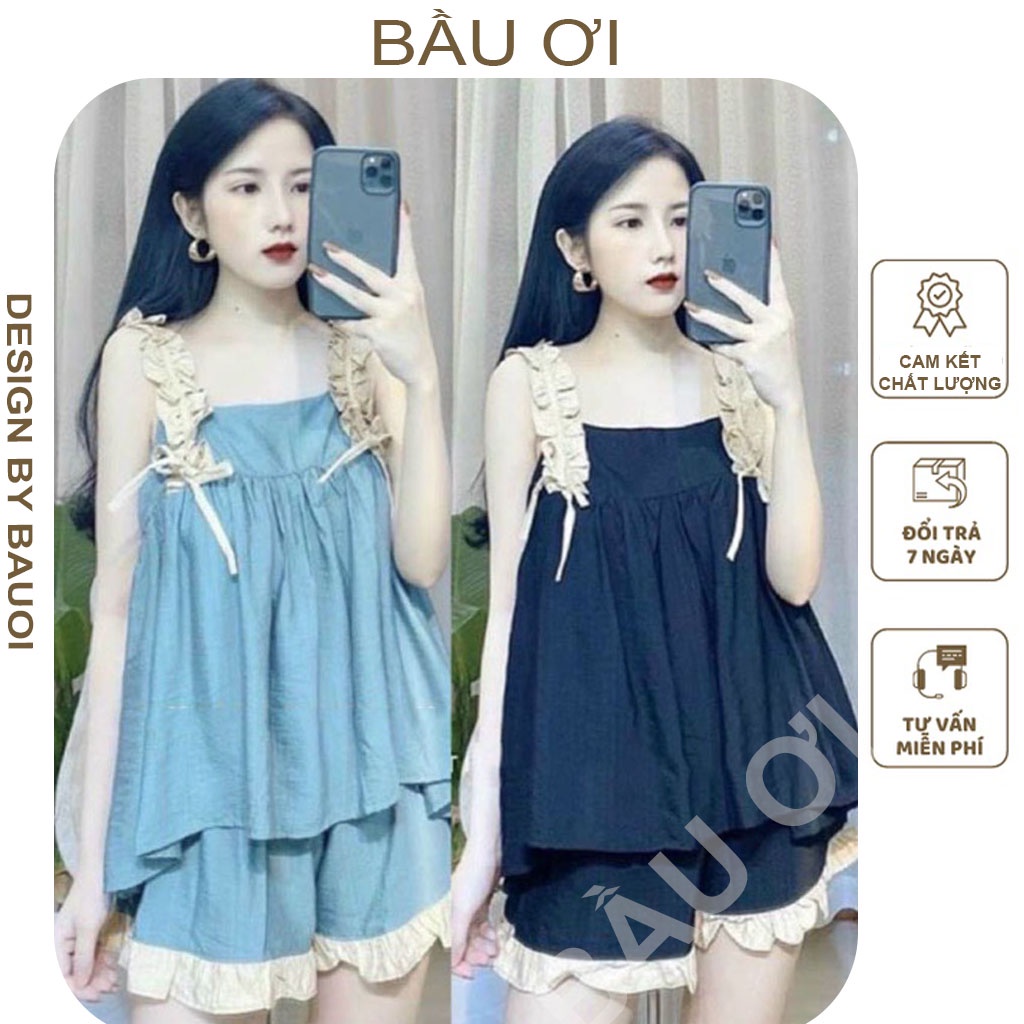 [FREE SHIP B03] BỘ BẦU MÙA HÈ CHẤT ĐŨI SIÊU MỀM MÁT - QUẦN ÁO BẦU 2 DÂY CÓ CHUN CHỈNH CHO BÀ BẦU FREE SIZE 45KG-70KG