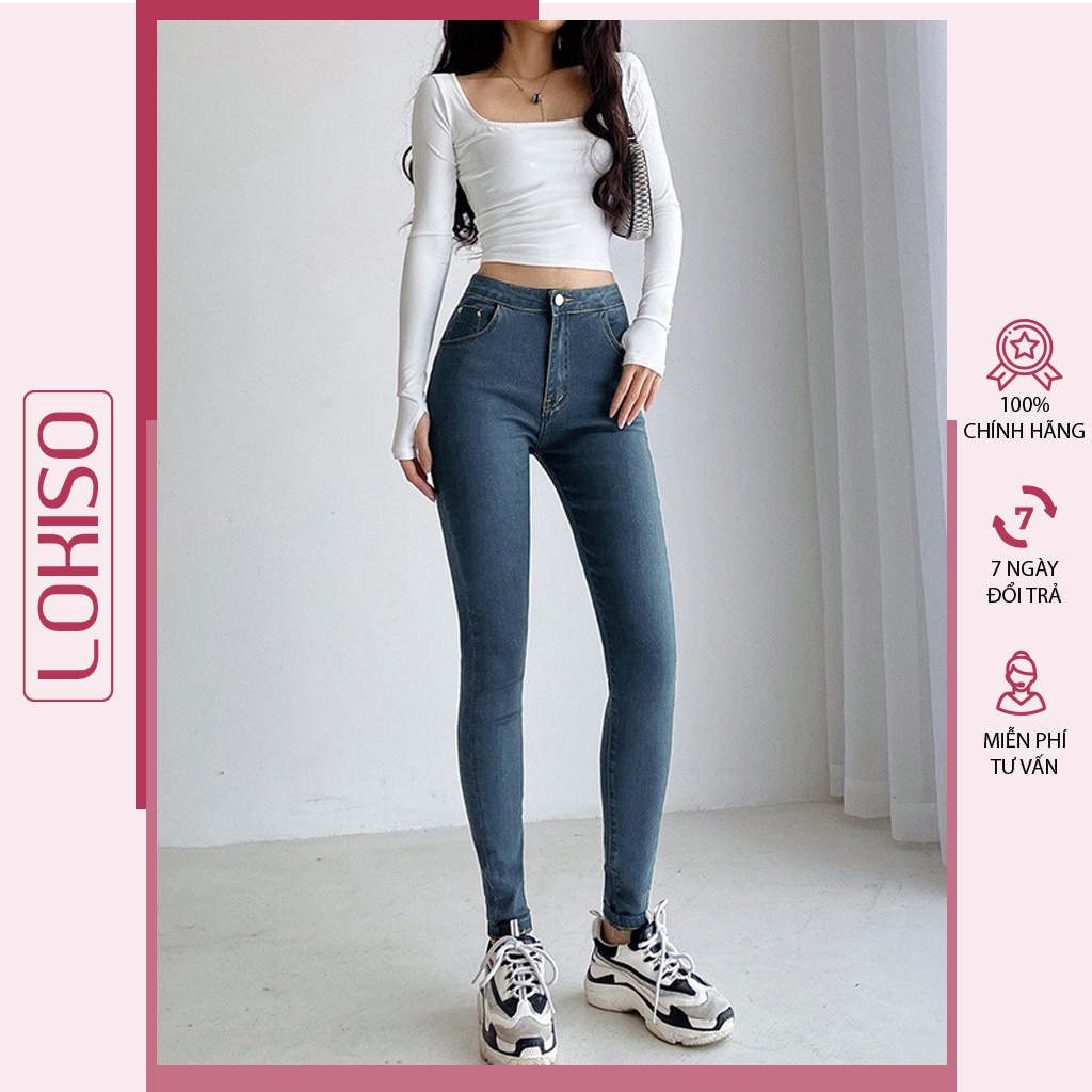 Quần jean nữ lưng cao co giãn dáng ôm skinny có túi trơn dài basic LOKISO QJ03